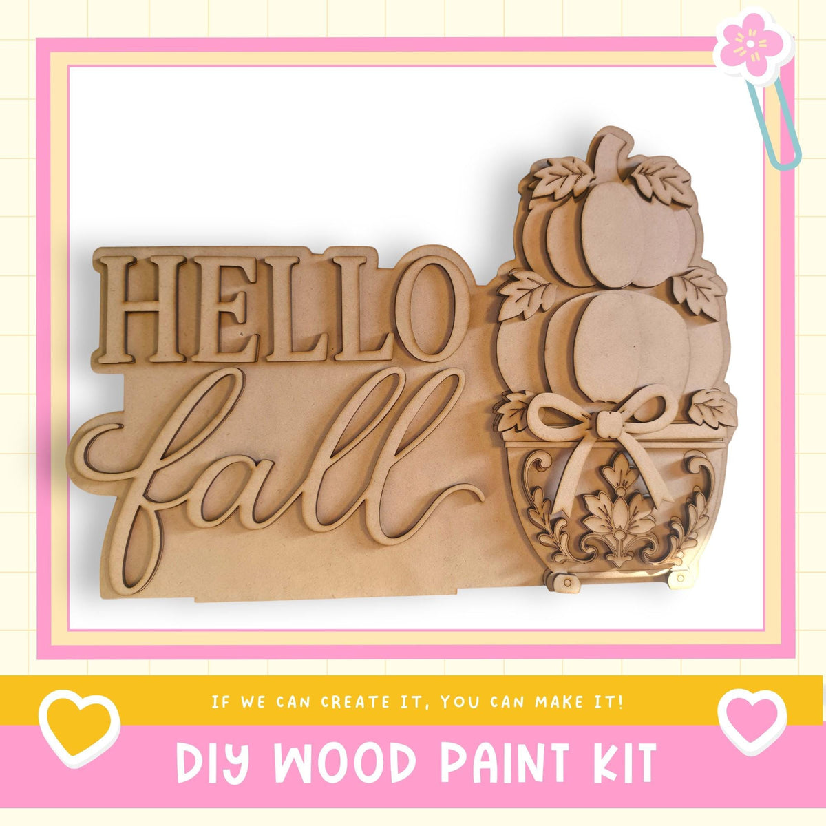 a DIY wood paint kit with a wooden sign that says "Hello fall" and a wooden pumpkin decoration.