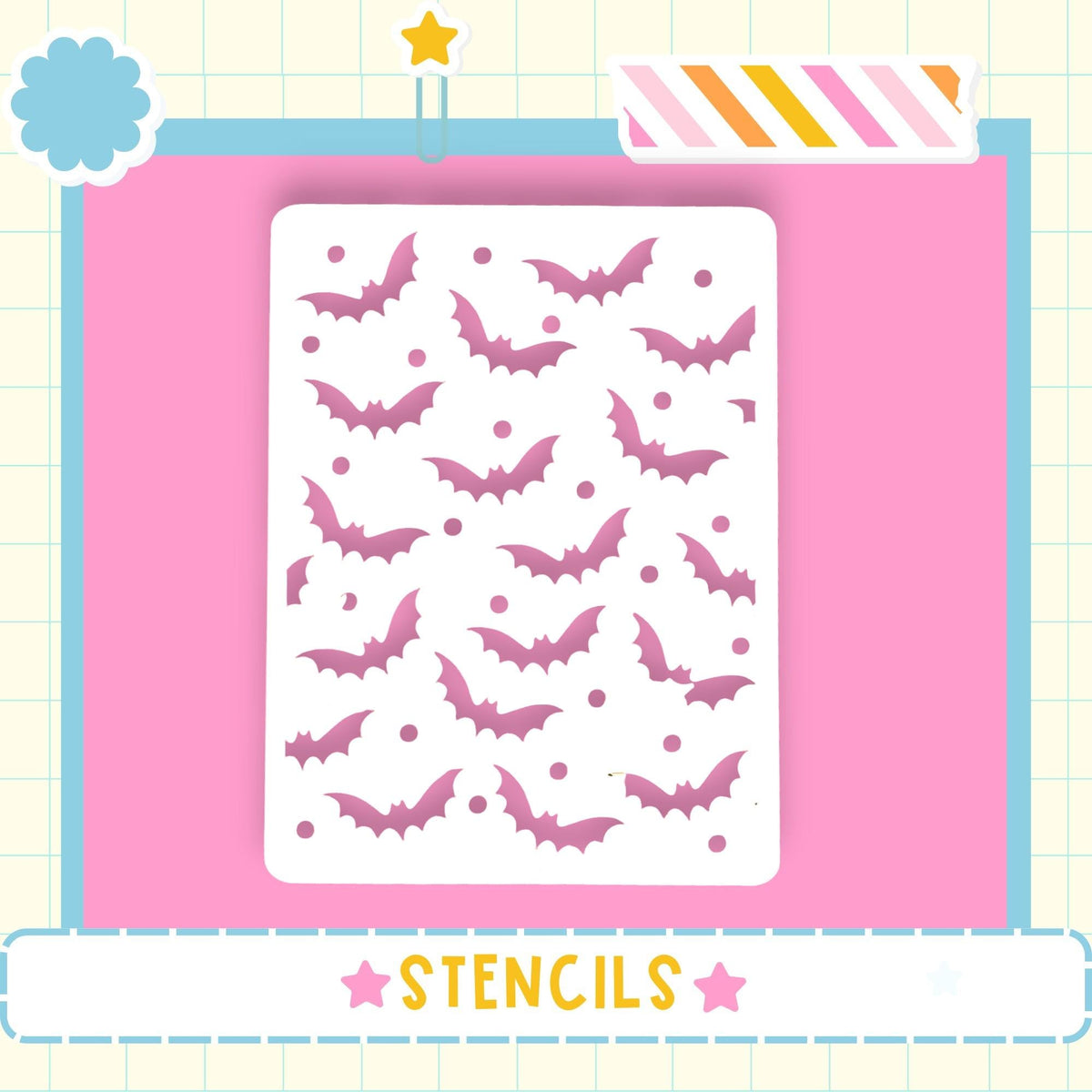 a white stencil with a pattern of pink bats on a pink background.