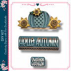 a DIY kit for creating fall-themed decorations, including a pumpkin-shaped sign with sunflowers and the phrase "Hello Autumn" written on it.