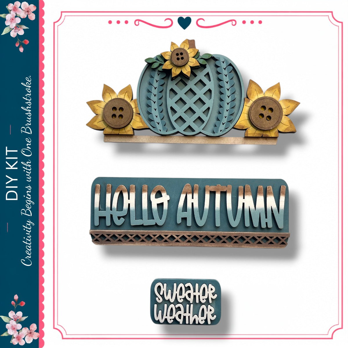 a DIY kit for creating fall-themed decorations, including a pumpkin-shaped sign with sunflowers and the phrase "Hello Autumn" written on it.