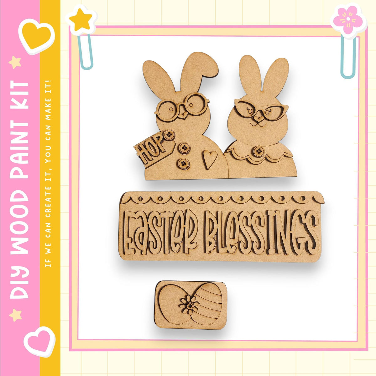 a kit for creating Easter-themed decorations, including a pair of wooden Easter bunny figures and a sign that says "Easter Blessings".
