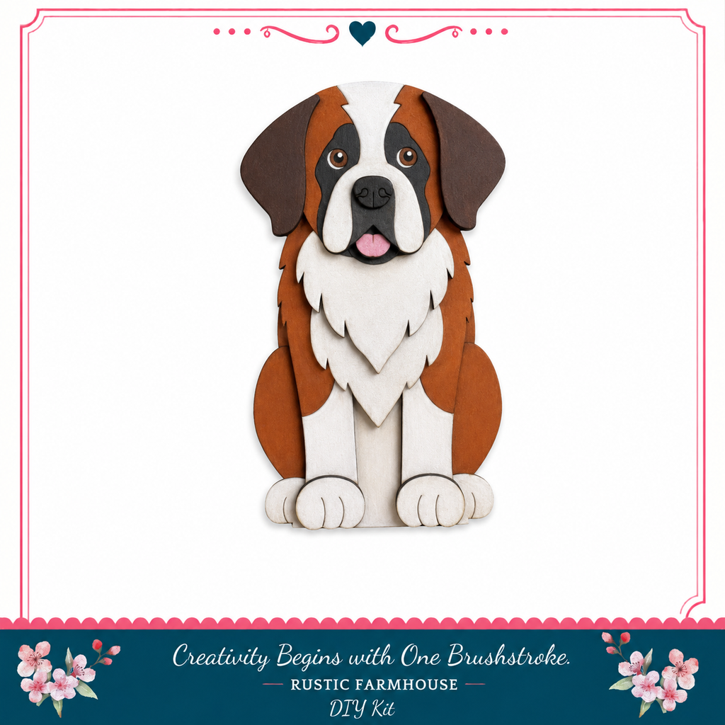 A wooden cutout of a Saint Bernard dog, with a rustic farmhouse theme.