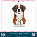 A wooden cutout of a Saint Bernard dog, with a rustic farmhouse theme.