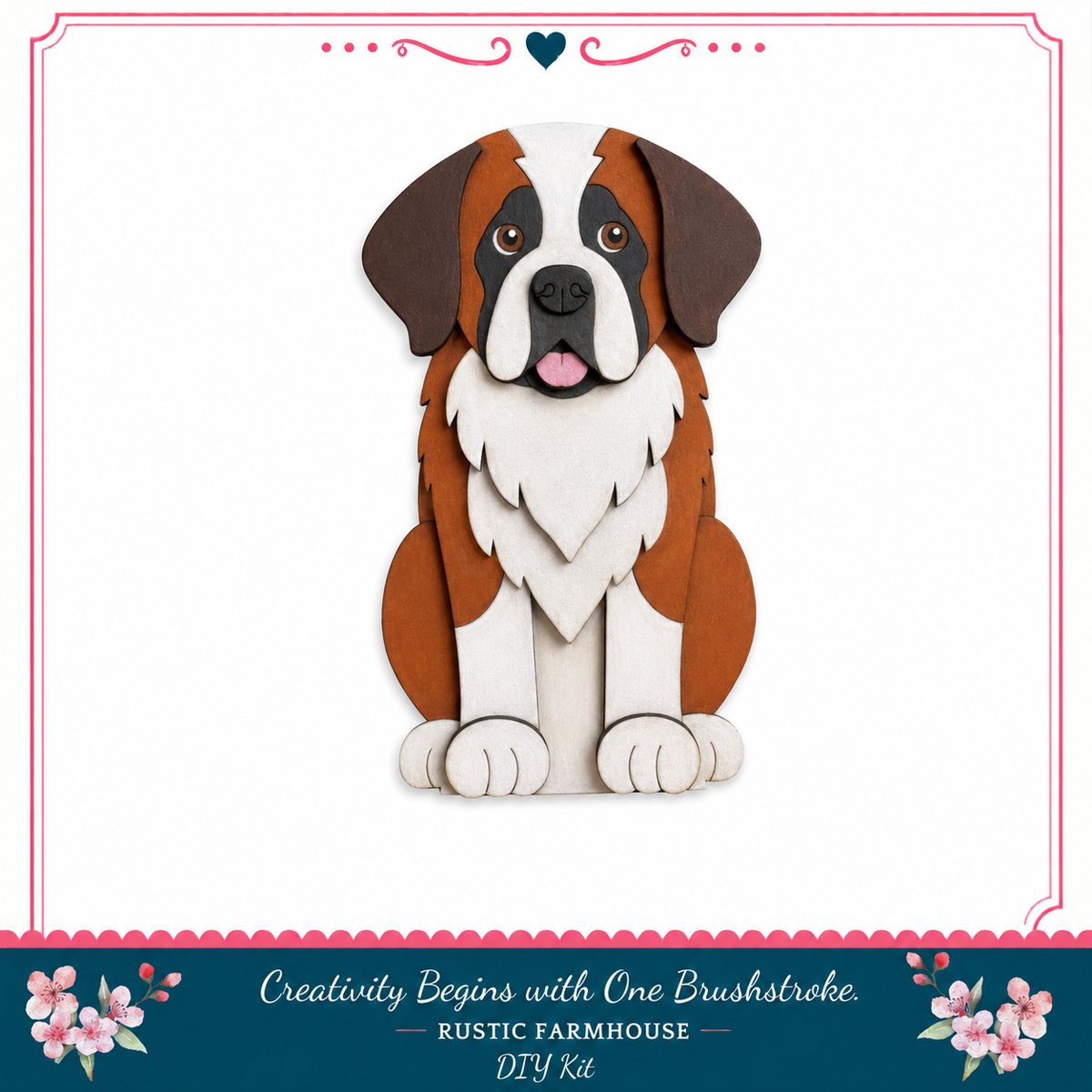 A wooden cutout of a Saint Bernard dog, with a rustic farmhouse theme.