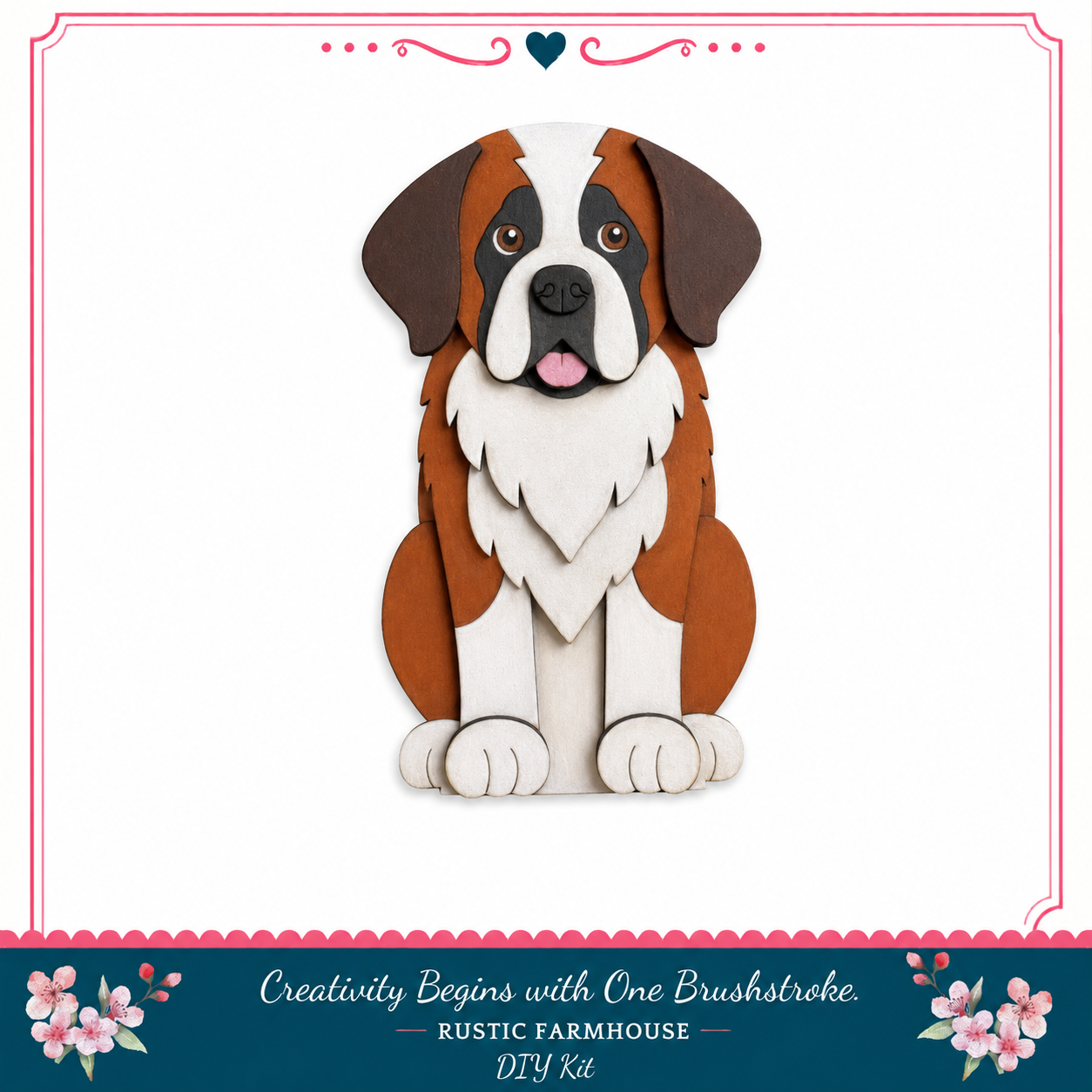 A wooden cutout of a Saint Bernard dog, with a rustic farmhouse theme.
