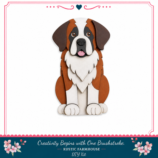 A wooden cutout of a Saint Bernard dog, with a rustic farmhouse theme.
