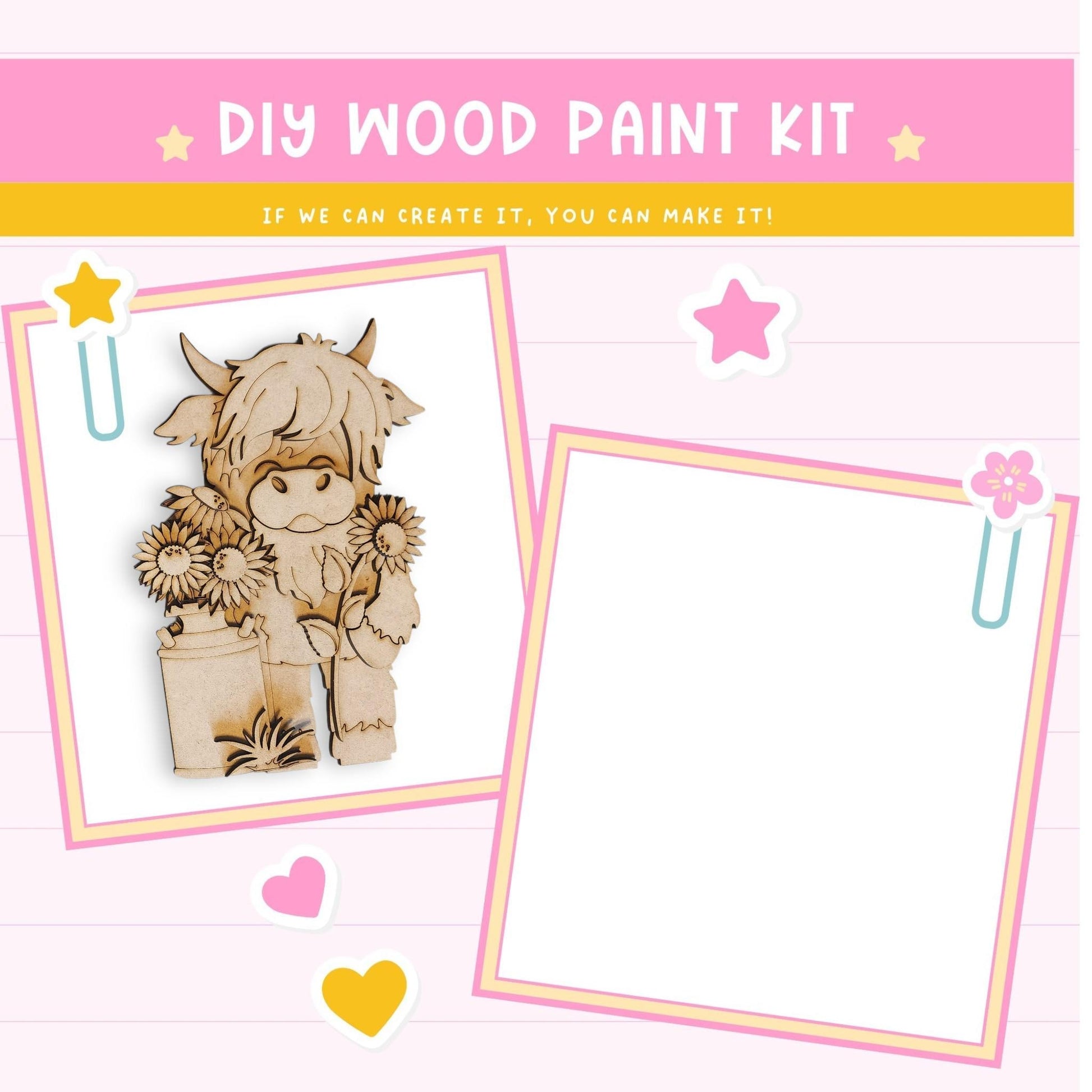 The image is a DIY wood paint kit featuring a wooden character holding flowers, with a blank space for painting.