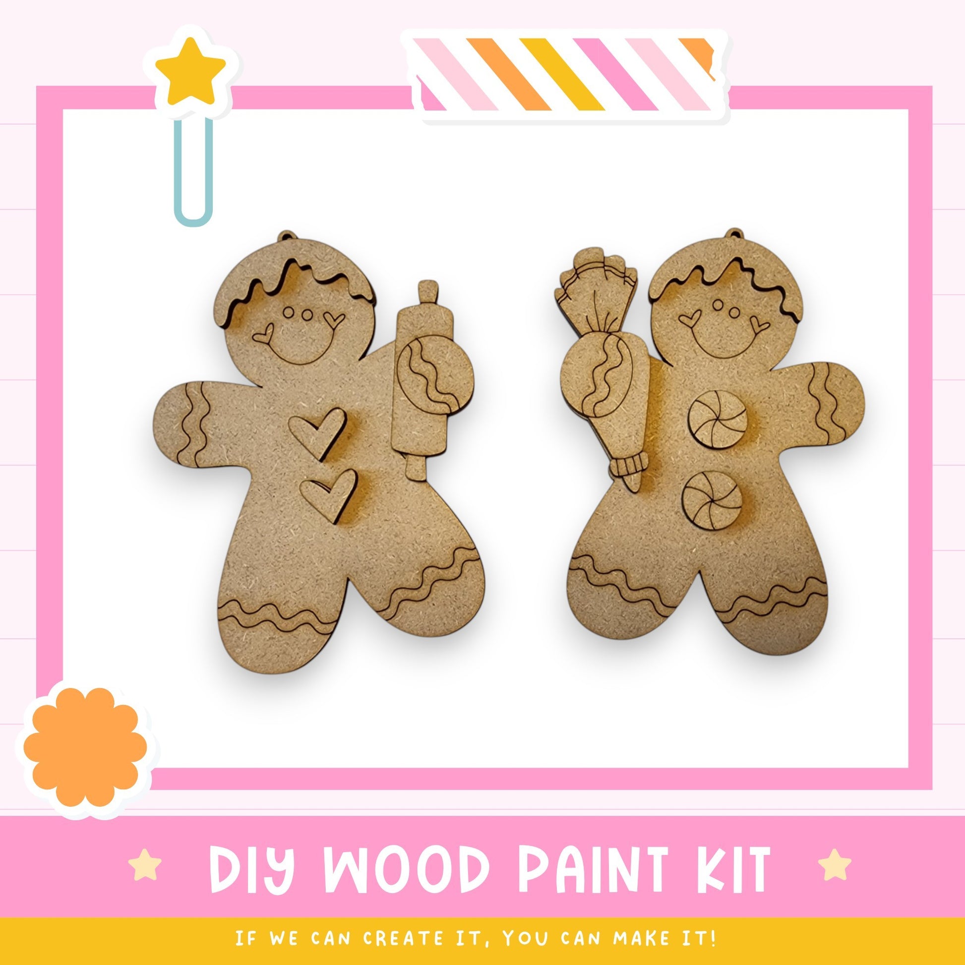two wooden gingerbread man ornaments, each holding a different object, such as a pipe and a cake, against a pink background.