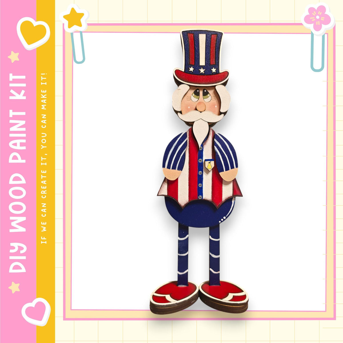 A wooden paint kit depicting a patriotic figure wearing a top hat and stripes, with a star on the hat.