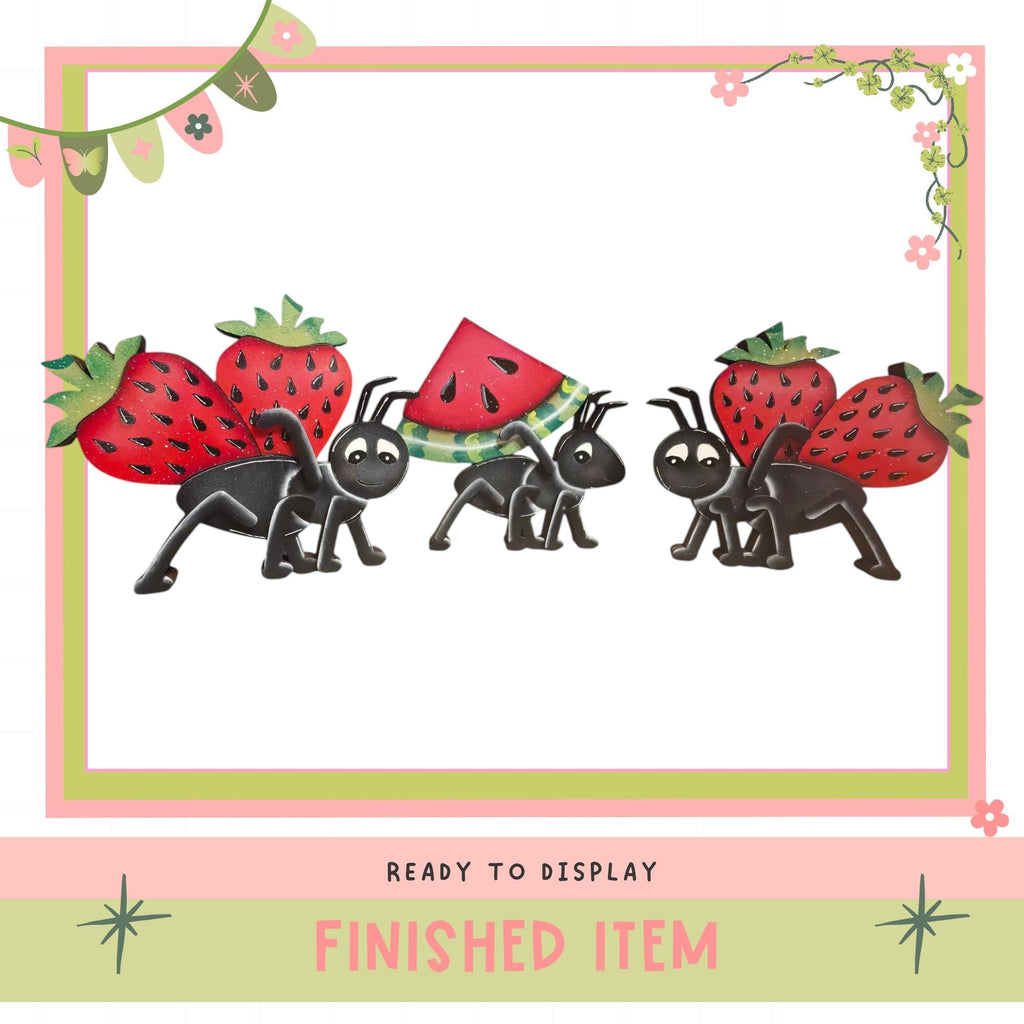 The image is a finished item ready to be displayed, featuring a group of cartoon-like ants carrying strawberries and a watermelon slice.