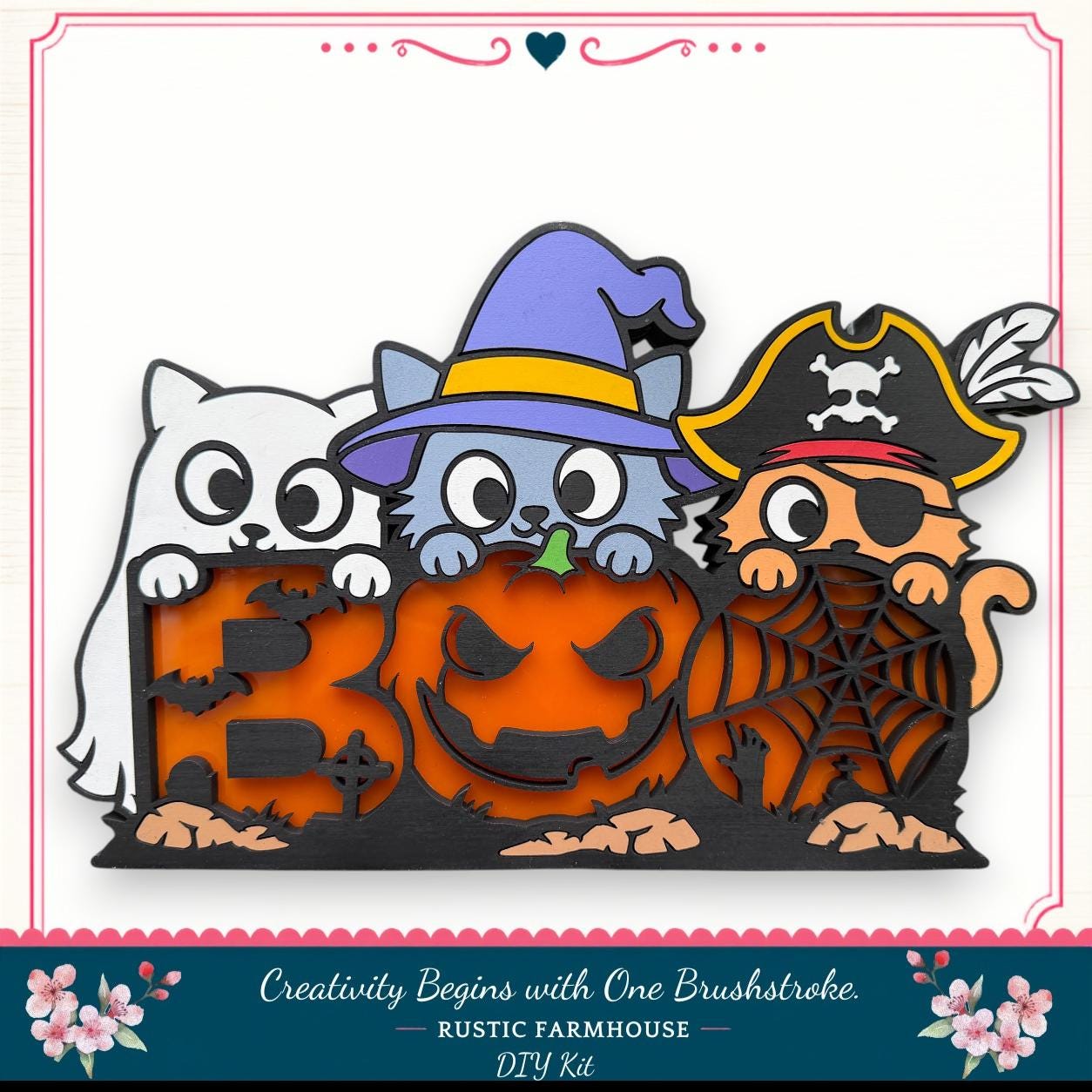 A Halloween-themed illustration featuring three cartoon cats and a carved pumpkin, with a pirate hat and a spider web design.
