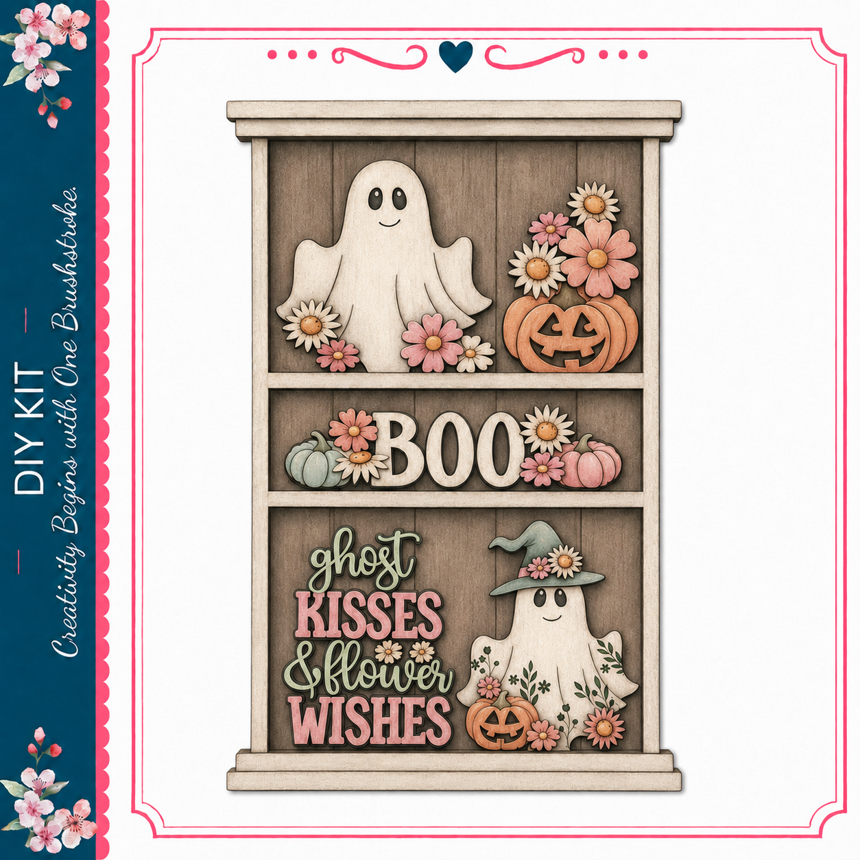 The image is a Halloween-themed decoration featuring a wooden shelf with a ghost, a witch, pumpkins, and flowers. The shelf has the word "BOO" written on it.