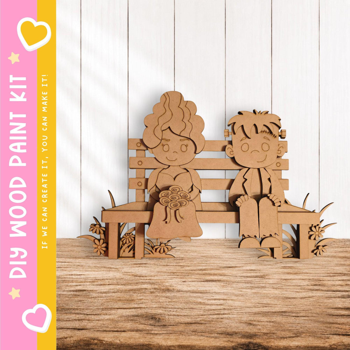 A wooden bench with two cartoon-like figures sitting on it, one holding a bouquet of flowers.
