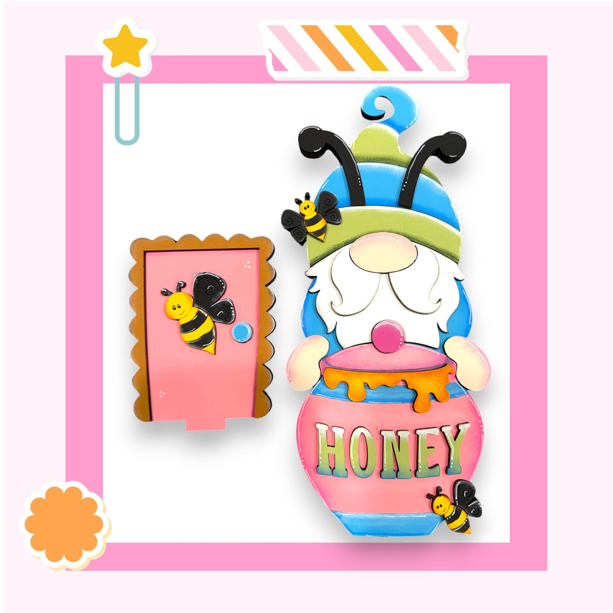 A colorful and whimsical image featuring a gnome-like character with a bee-like appearance, wearing a hat and holding a honey pot. The character is surrounded by various decorative elements, including a star, a flower, and a honey pot.