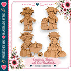 The image is a collage of four wooden cutouts depicting children with pumpkins, arranged in a square layout.