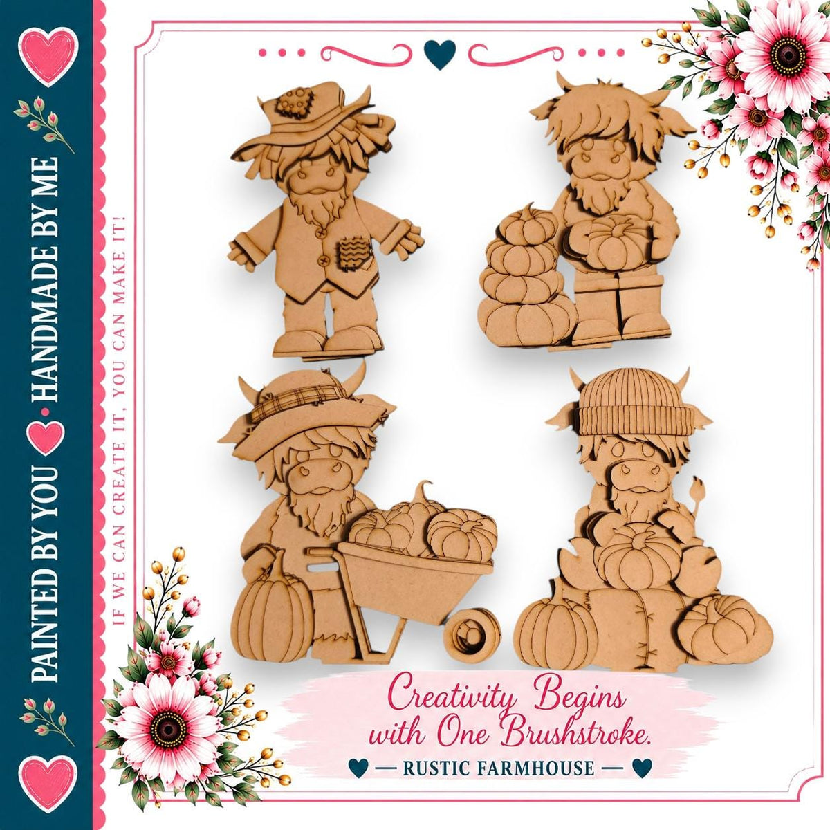 The image is a collage of four wooden cutouts depicting children with pumpkins, arranged in a square layout.