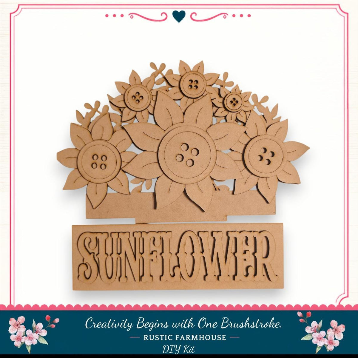 a wooden craft kit labeled "Sunflower" that includes a "One Brushstroke" tool, which is described as a "RUSTIC FARMHOUSE DIY KIT".