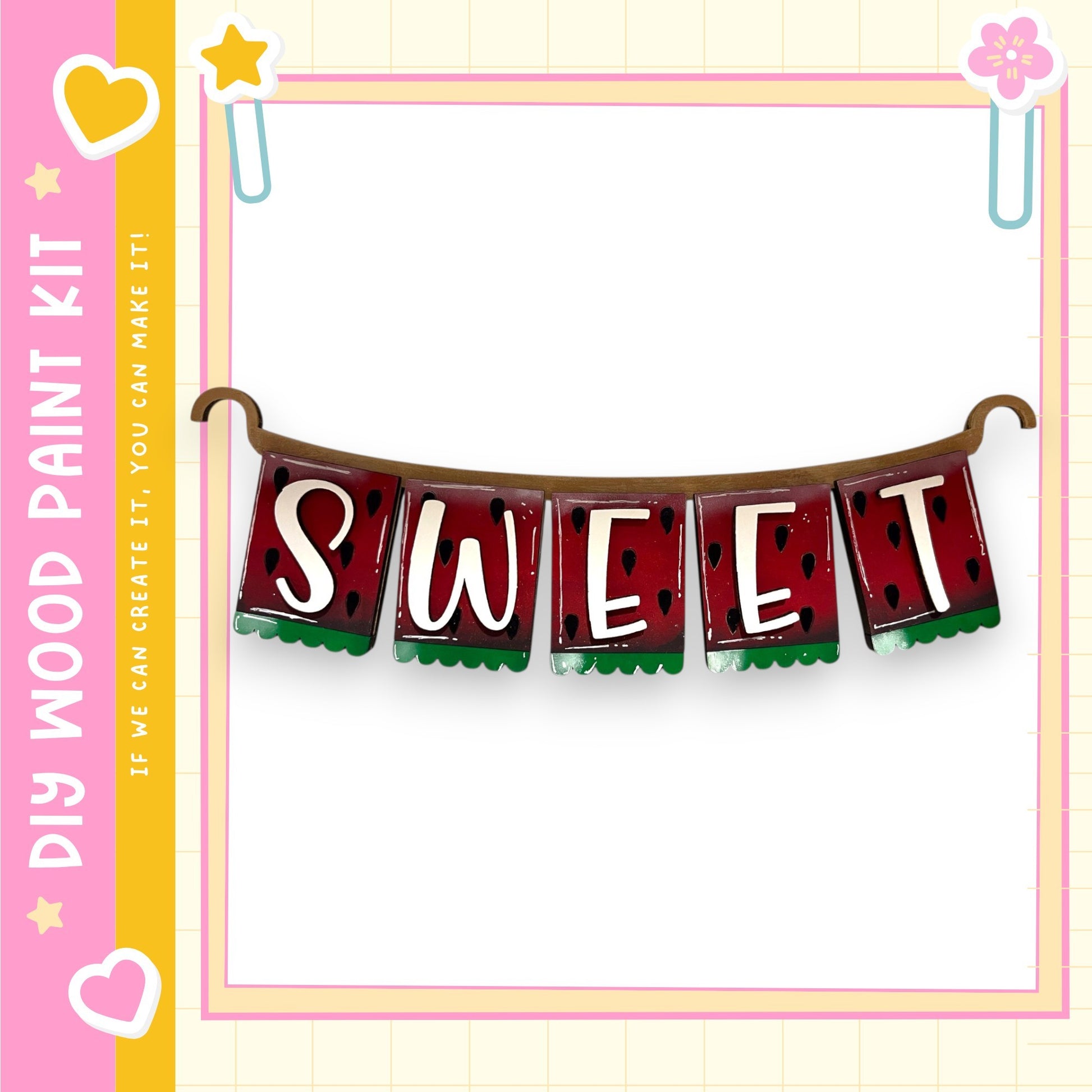 a banner with the word "SWEET" written on it, hanging from a hook. The banner is decorated with watermelon slices and green leaves, giving it a playful and summery appearance.