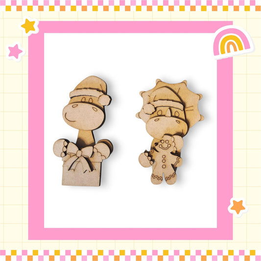 two wooden toys, a dinosaur and a sun, set against a pink and yellow checkered background with stars and a rainbow.