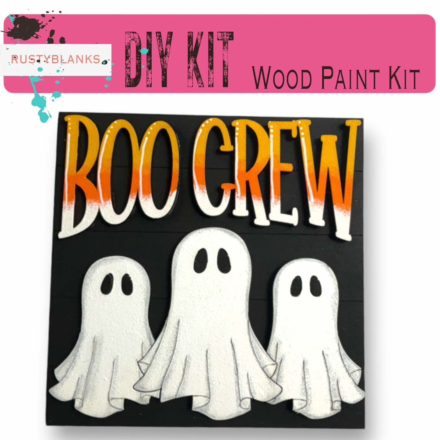 a painting of three ghostes with the words boo crew painted on it