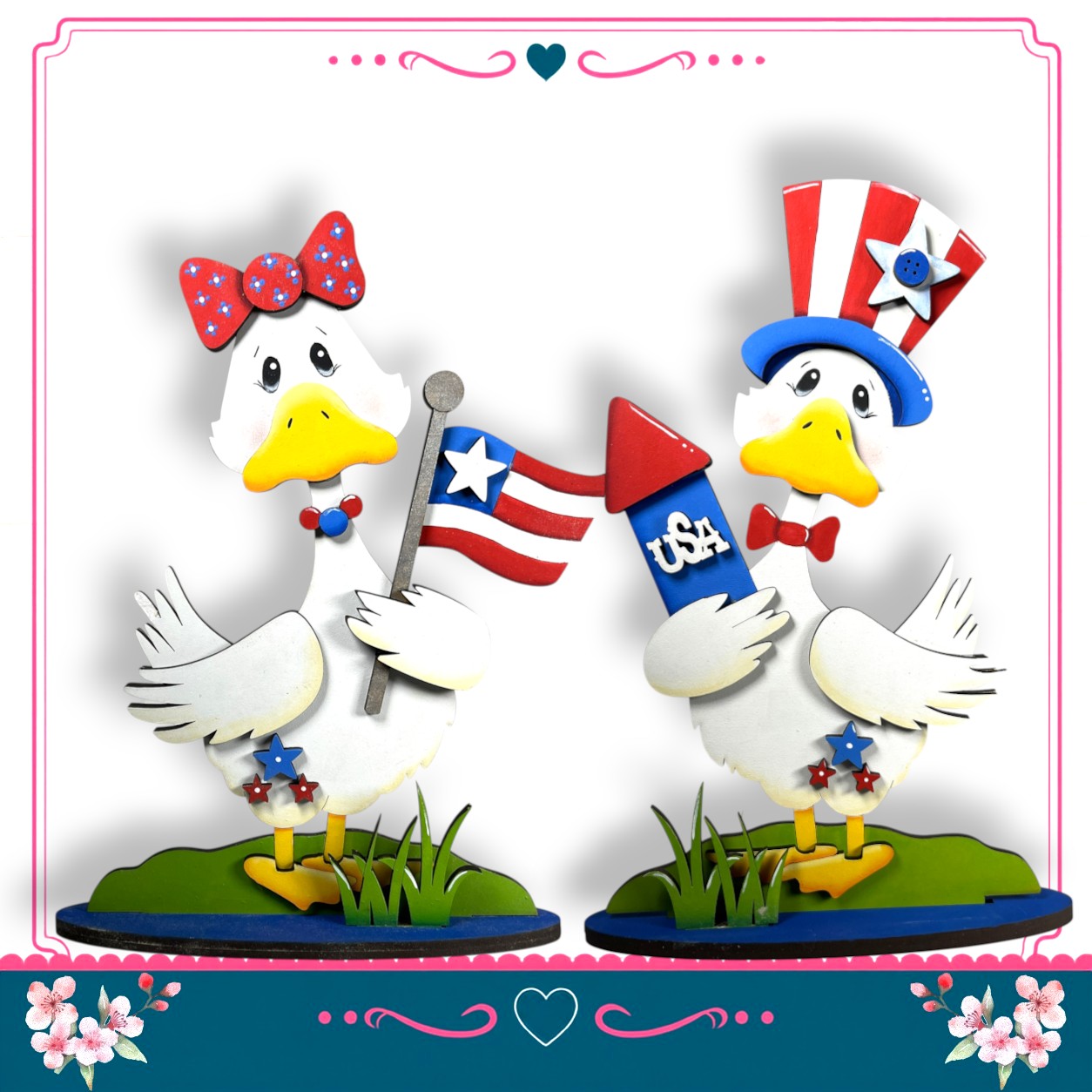 two cartoon ducks holding American flags and a firework, standing on a grassy surface.