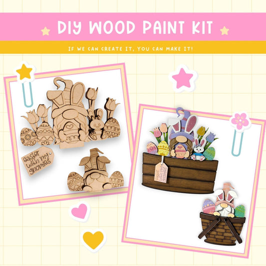 a wooden craft kit with a basket of easter eggs