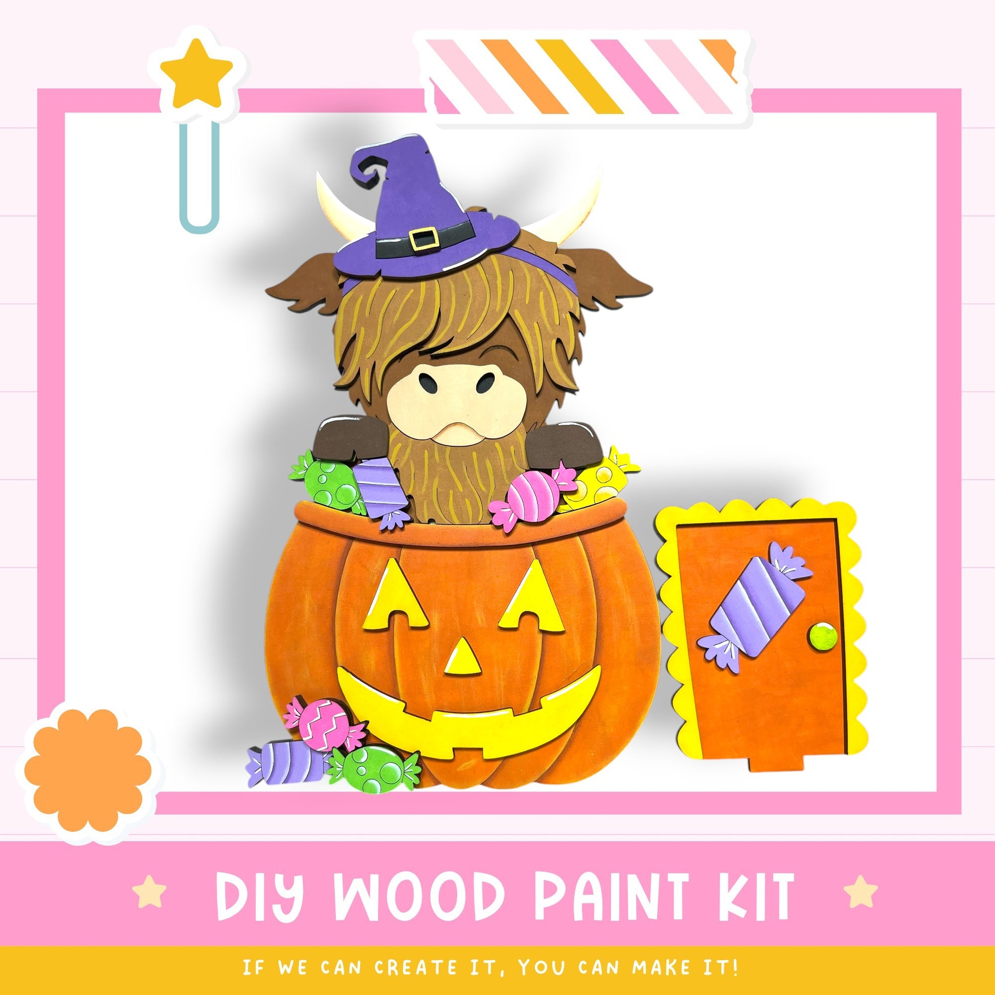 A wooden pumpkin with a carved face and a witch hat sits inside, surrounded by candy and other Halloween-themed decorations.