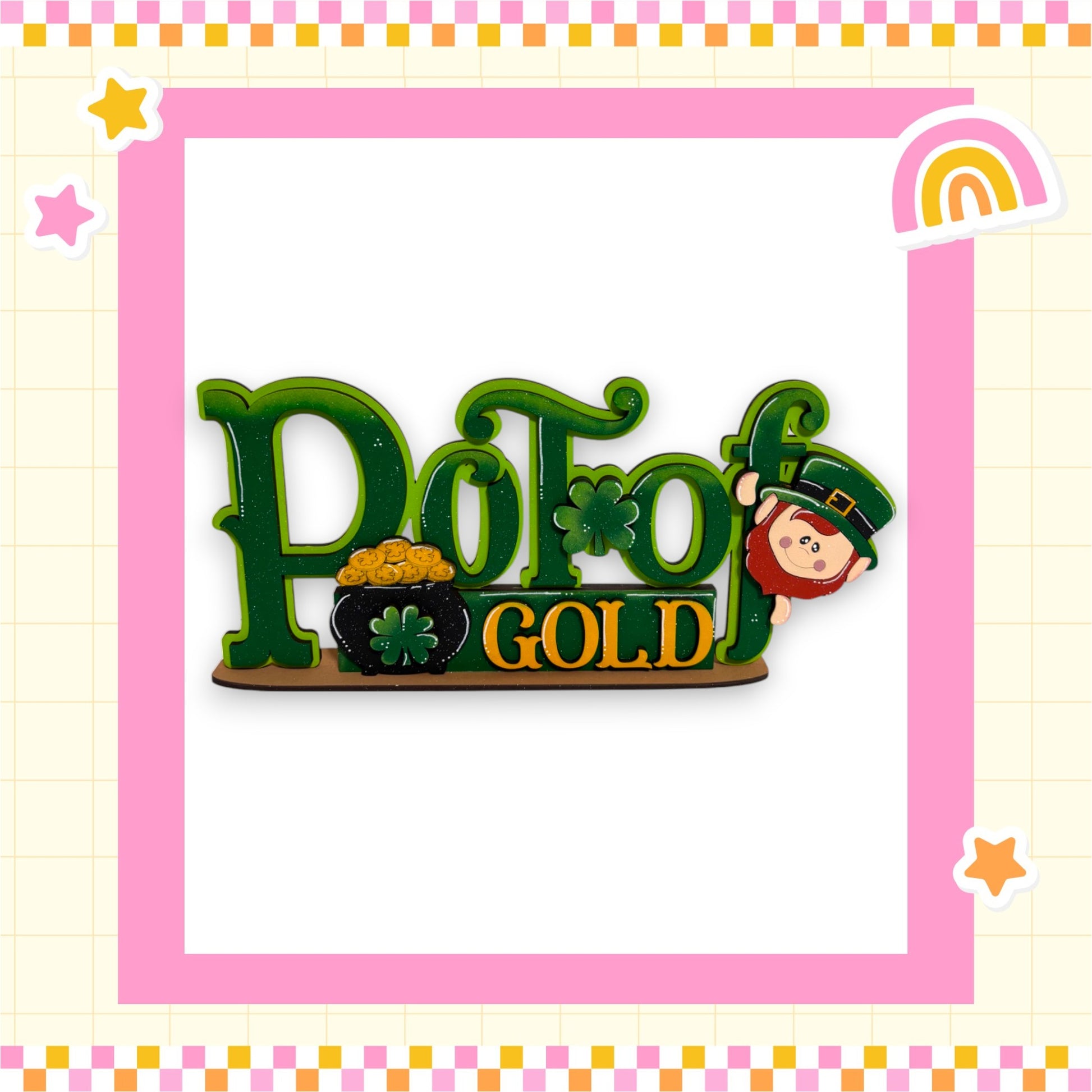 a pin with a lepreite and pot of gold on it