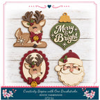 The image is a collection of four wooden ornaments, each depicting a different holiday-themed character, including a reindeer, Santa Claus, and a bell.