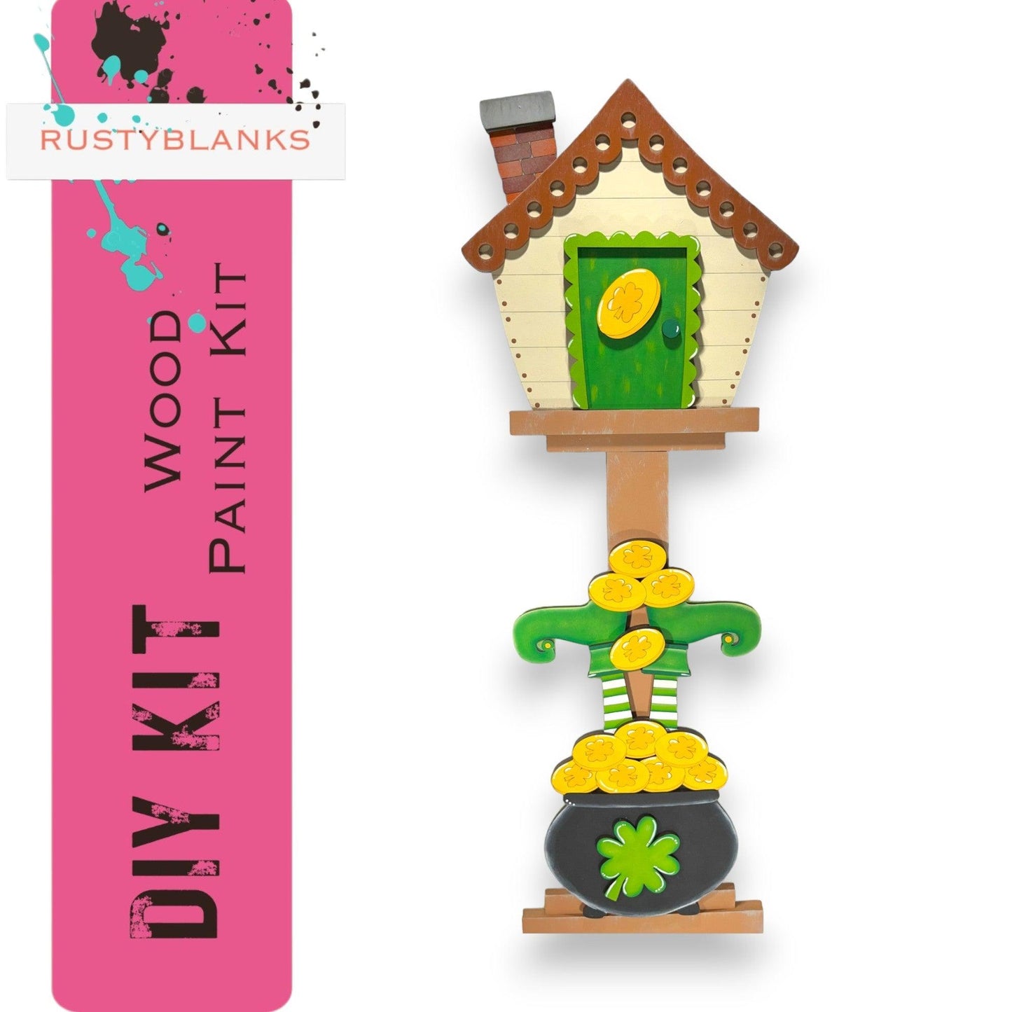 a wooden birdhouse with a pot of gold coins on top of it