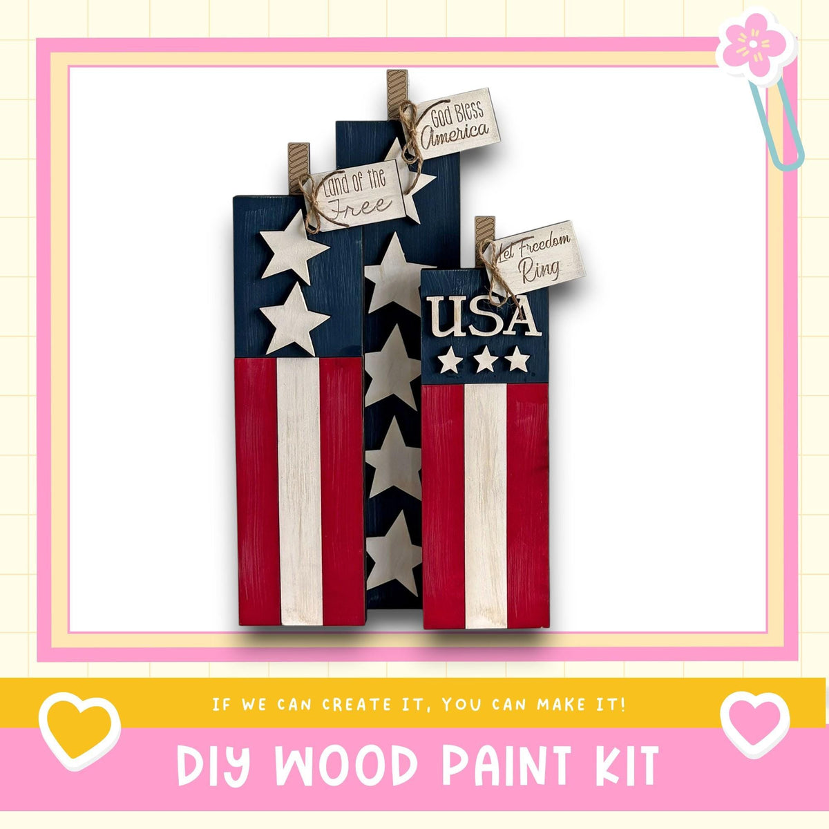 a DIY wood paint kit for creating American flags out of wooden planks. The kit includes instructions and materials for making the flags, and the image includes a heart and a flower, suggesting a creative and fun project.