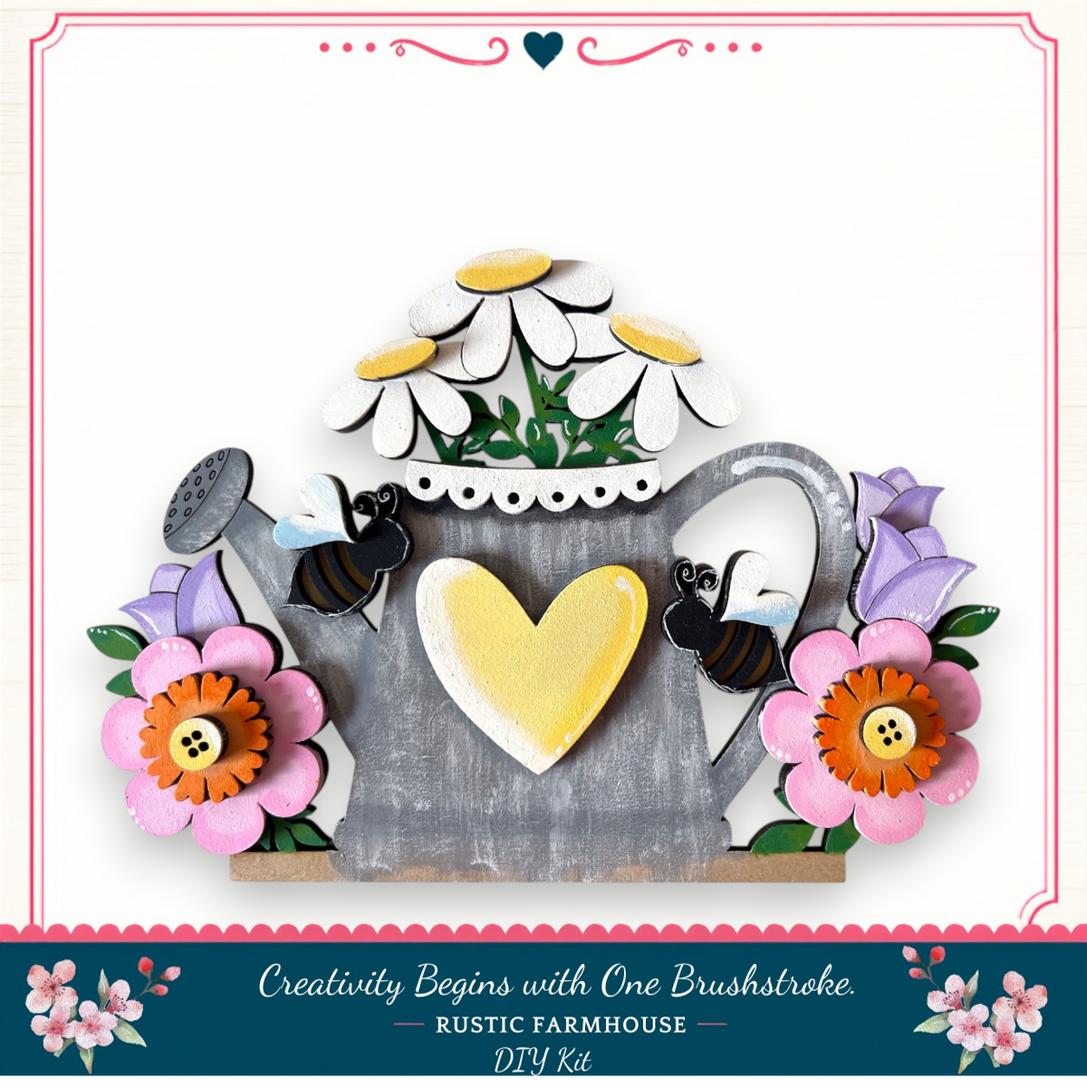 A decorative wooden watering can with a heart-shaped cutout in the center, surrounded by flowers and bees.