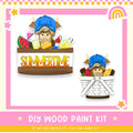 The image is a colorful illustration of a DIY wood paint kit, featuring a cartoon character wearing a blue hat and holding a basket filled with various summer-themed items such as watermelon, lemon, and a rainbow.