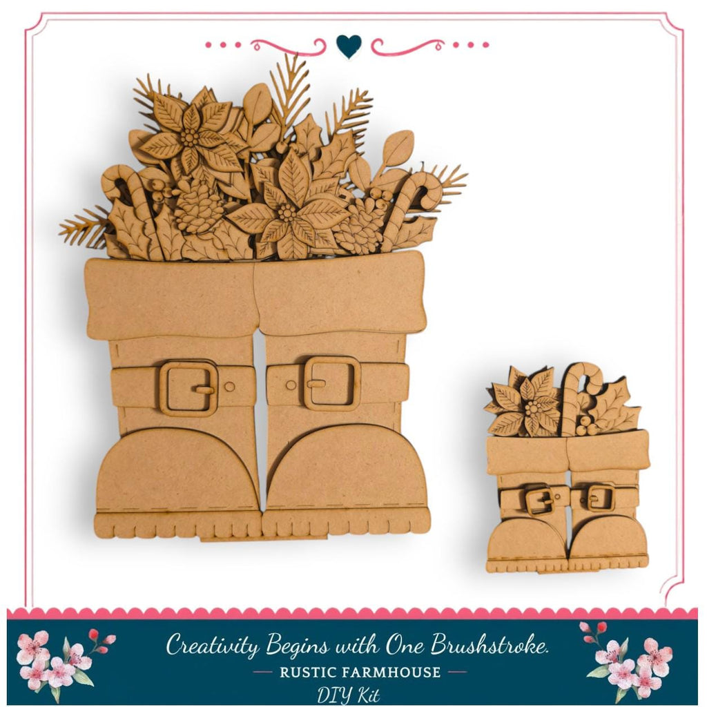 a DIY kit for creating a Christmas tree decoration, including a pair of wooden boots with a floral arrangement on top.