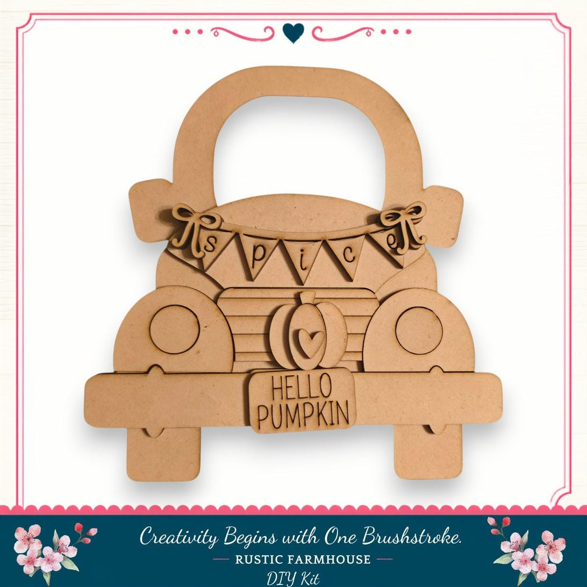A wooden craft depicting a truck with a banner that says "Hello Pumpkin" and a heart symbol.