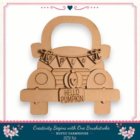 A wooden craft depicting a truck with a banner that says "Hello Pumpkin" and a heart symbol.