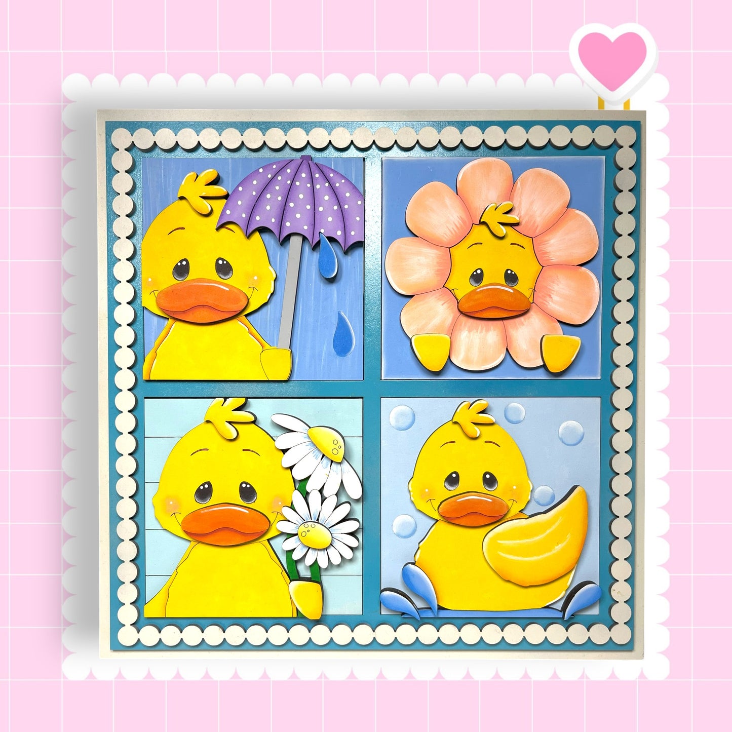 A collage of four images featuring yellow duck characters in various weather conditions, including one holding an umbrella, another with a flower, and two duck characters with flowers.