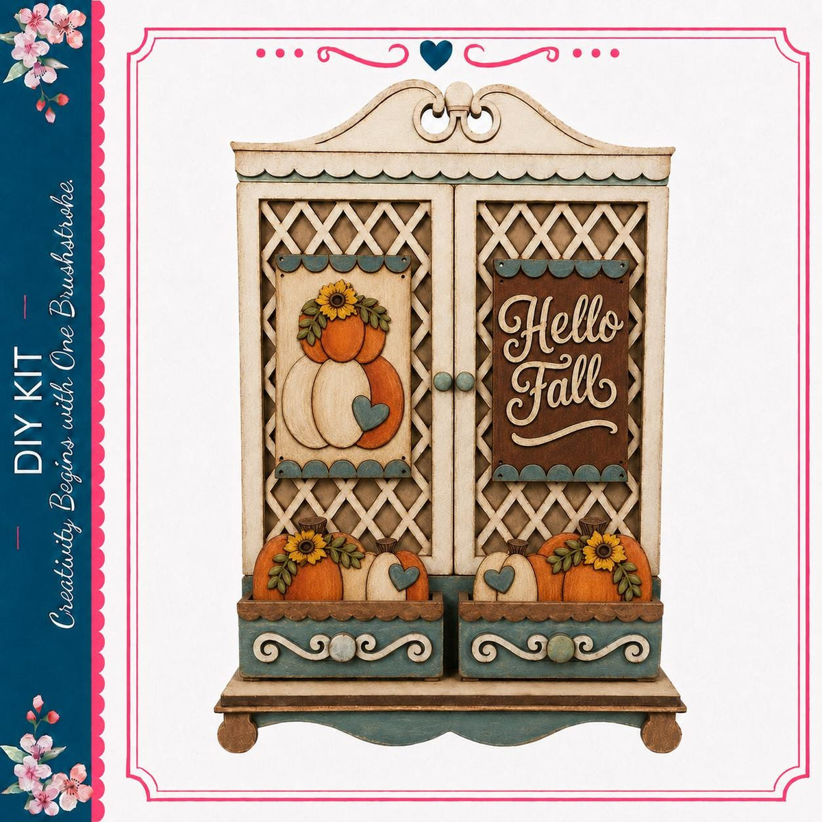 The image is a decorative wooden cabinet with a lattice design and various fall-themed elements, including pumpkins, sunflowers, and a "Hello Fall" sign.