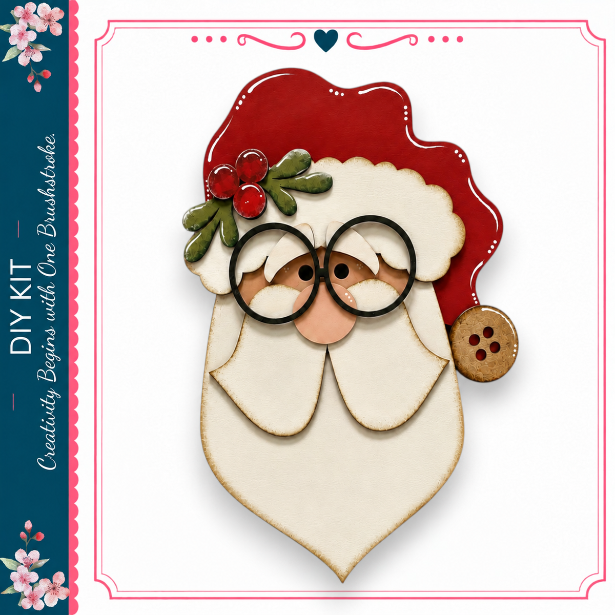 A wooden Santa Claus figure with glasses and a red hat, decorated with red berries and a brown button.