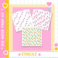 The image is a colorful and playful advertisement for a DIY wood paint kit, featuring various stencil designs on a pink background.