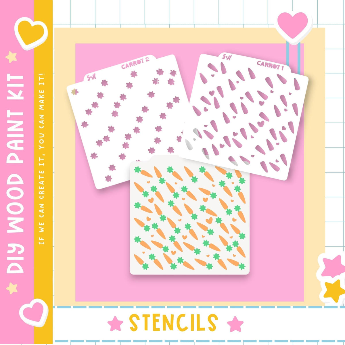 The image is a colorful and playful advertisement for a DIY wood paint kit, featuring various stencil designs on a pink background.