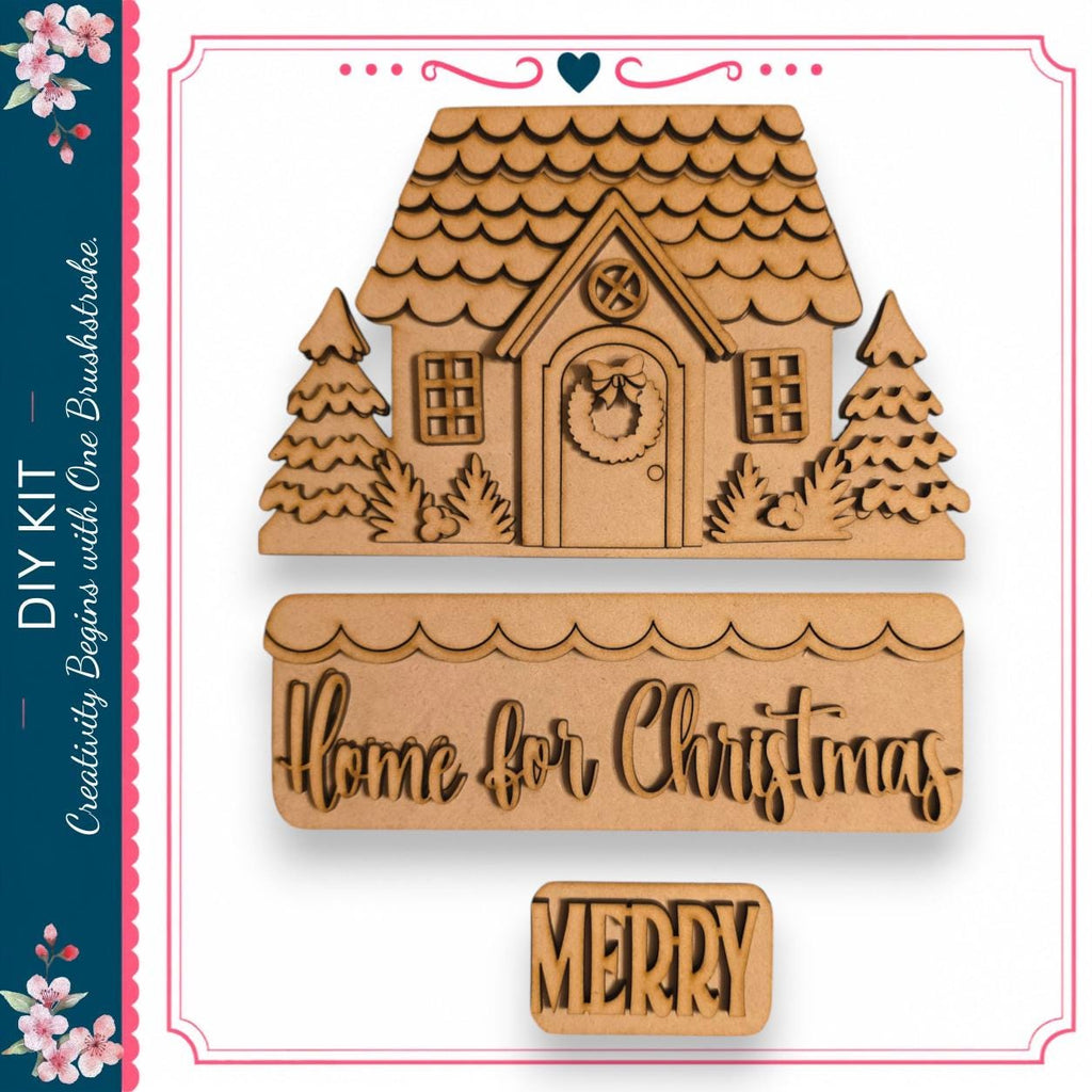a wooden house with a wreath and a "Home for Christmas" sign, along with a "Merry" sign.