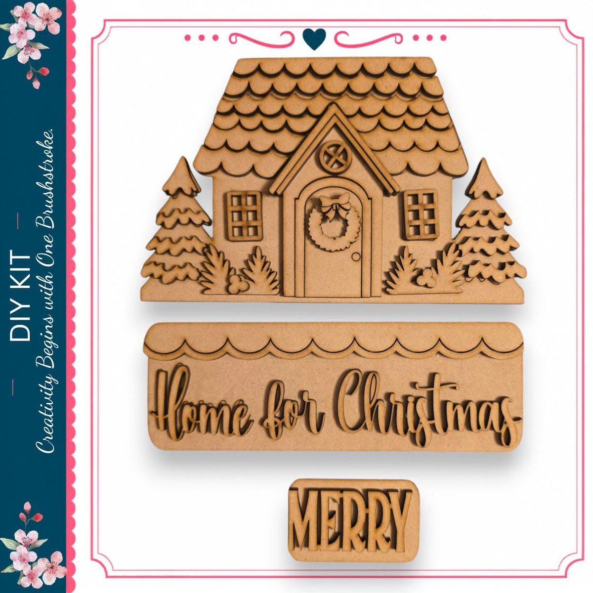 a wooden house with a wreath and a "Home for Christmas" sign, along with a "Merry" sign.