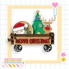 a christmas card with a santa clause and reindeer on a wagon