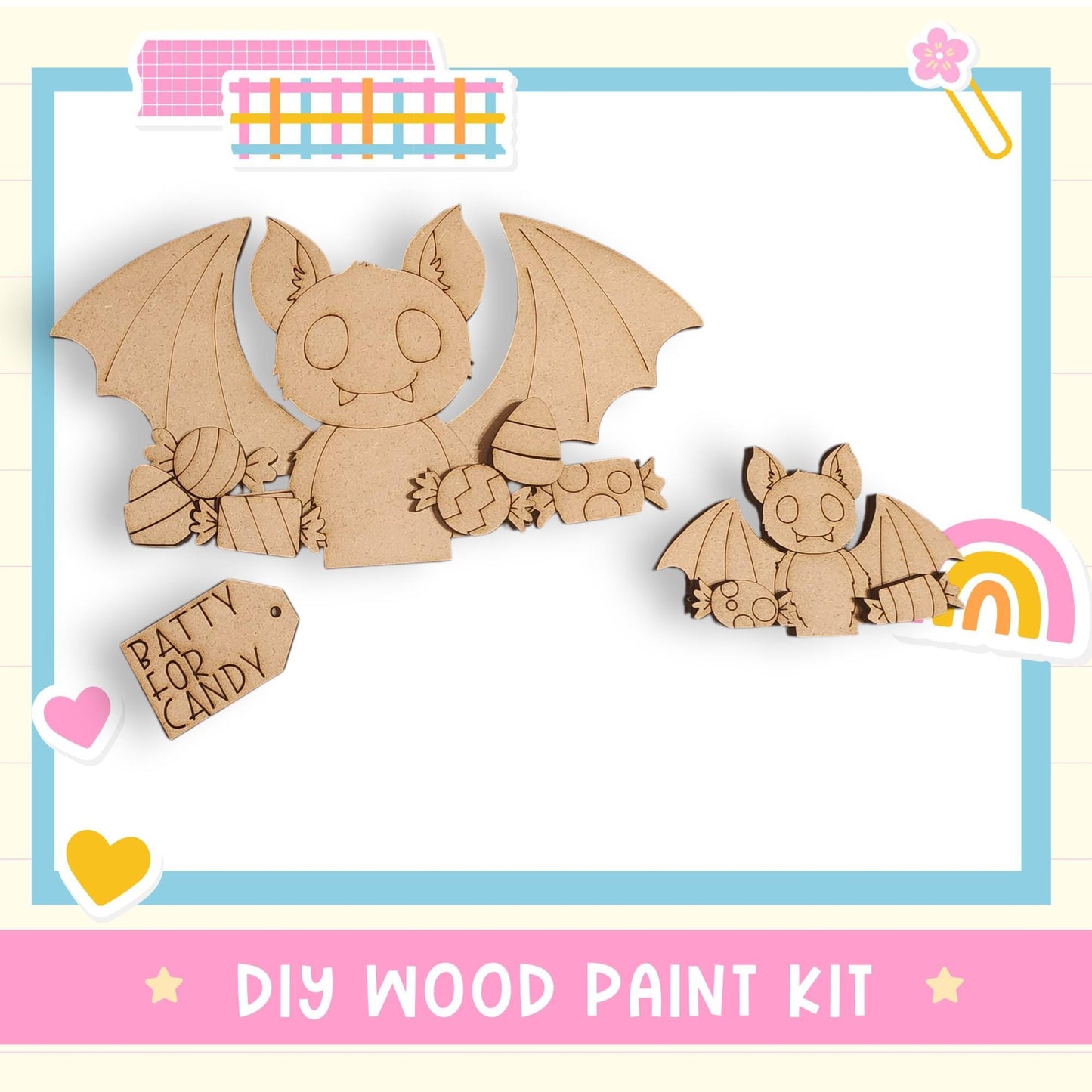 The image is a DIY wood paint kit featuring two wooden bats, a heart, and a tag that says "BATTY FOR CANDY".