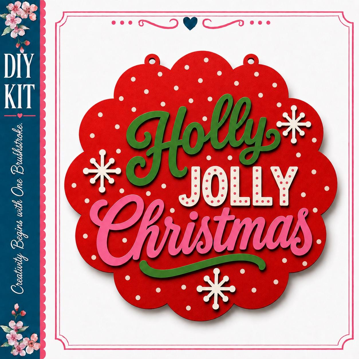 The image is a collage of various Christmas-themed images, including a large red and white ornament with the text "Holly Jolly Christmas" and snowflakes.