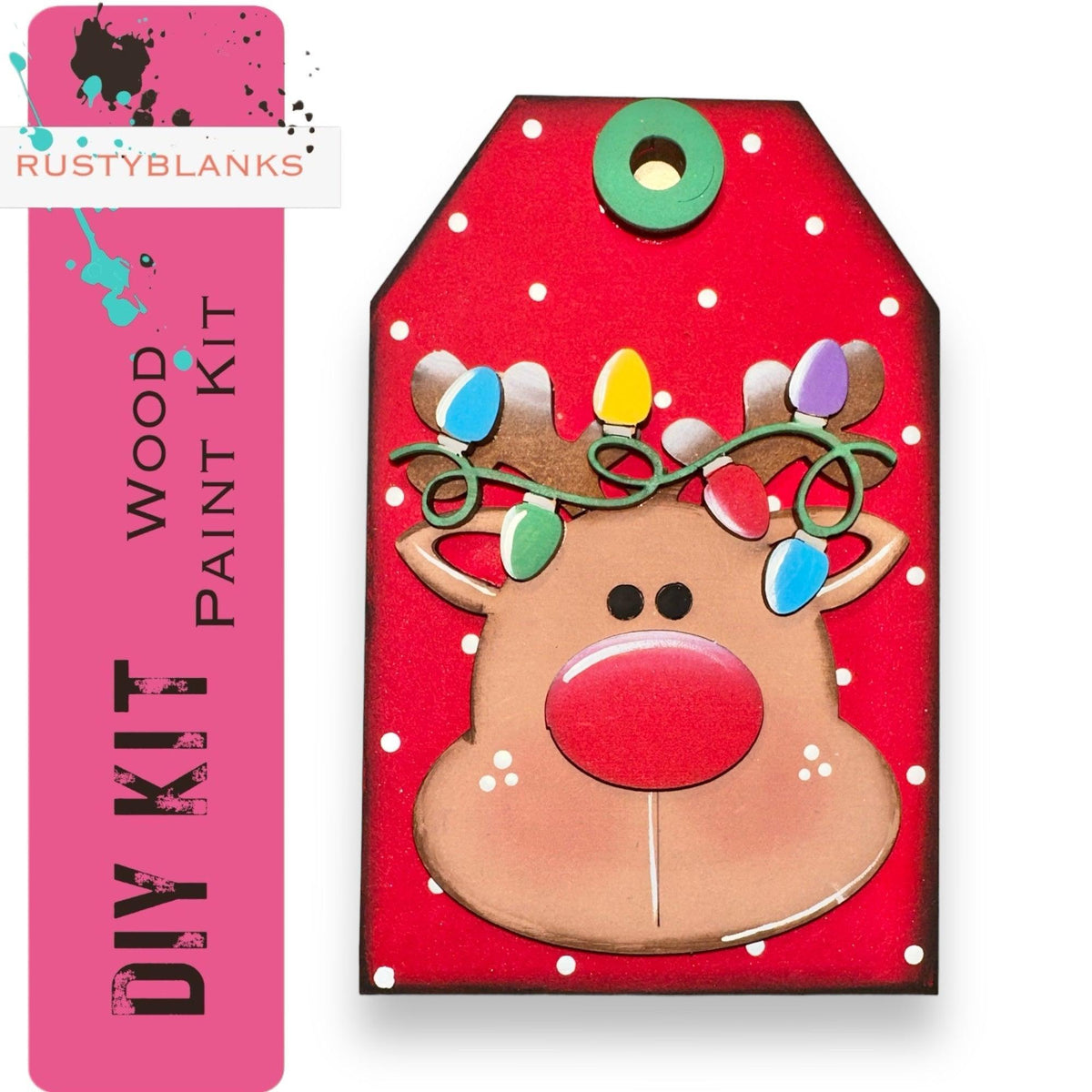 a red tag with a reindeer's head on it