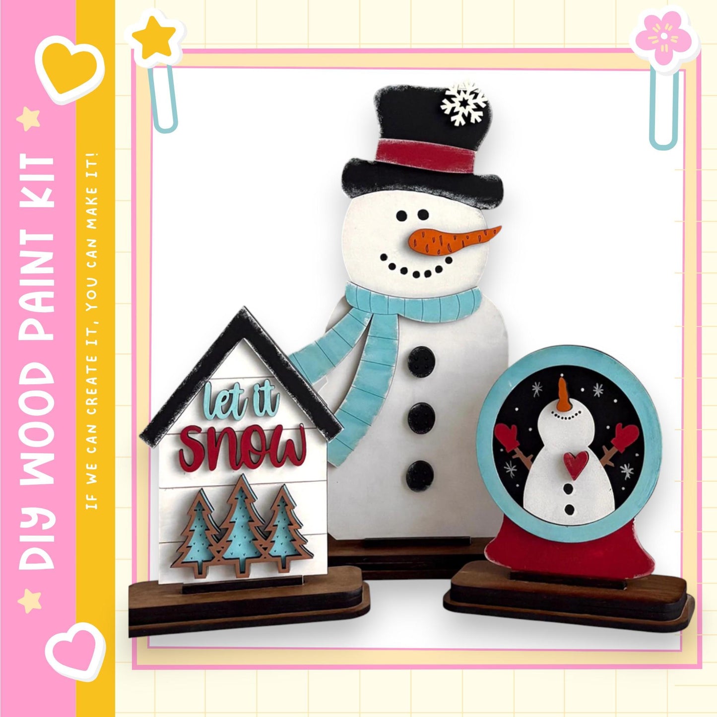 A snowman and a snow globe are displayed in the image, along with a sign that says "let it snow".