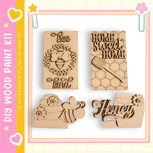 four wooden cutouts, each with a unique design and text, arranged on a white background.