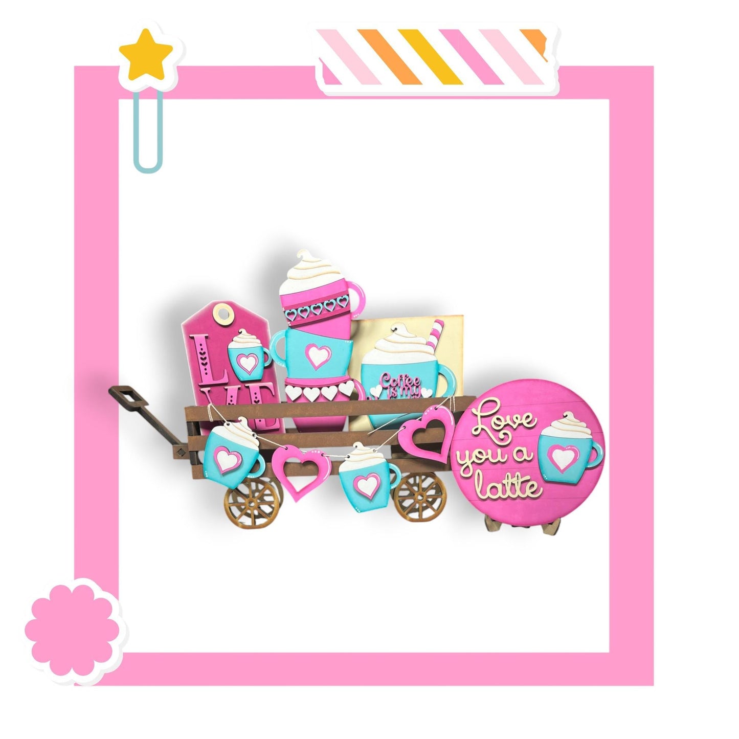 a pink and white photo with a pink wagon filled with cookies